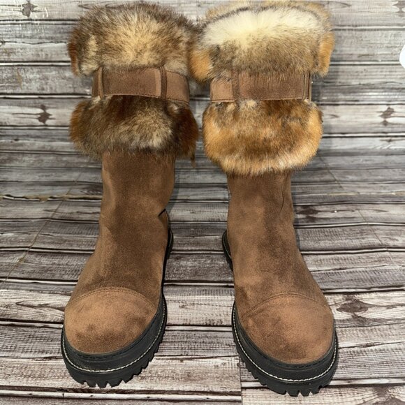 Stuart Weitzman Slip On Cap Toe Fox Fur Trim Suede Boots Size 7 Color Brown NEW - Picture 2 of 8